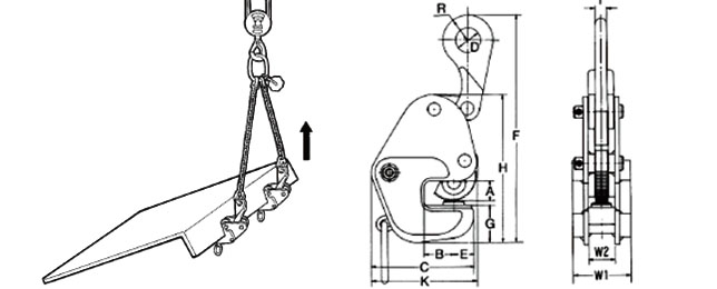 GD型橫吊鋼板鉗使用圖與尺寸圖：龍海起重工具